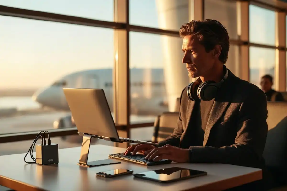 Business traveler using travel gadgets including laptop stand and portable charger in airport lounge