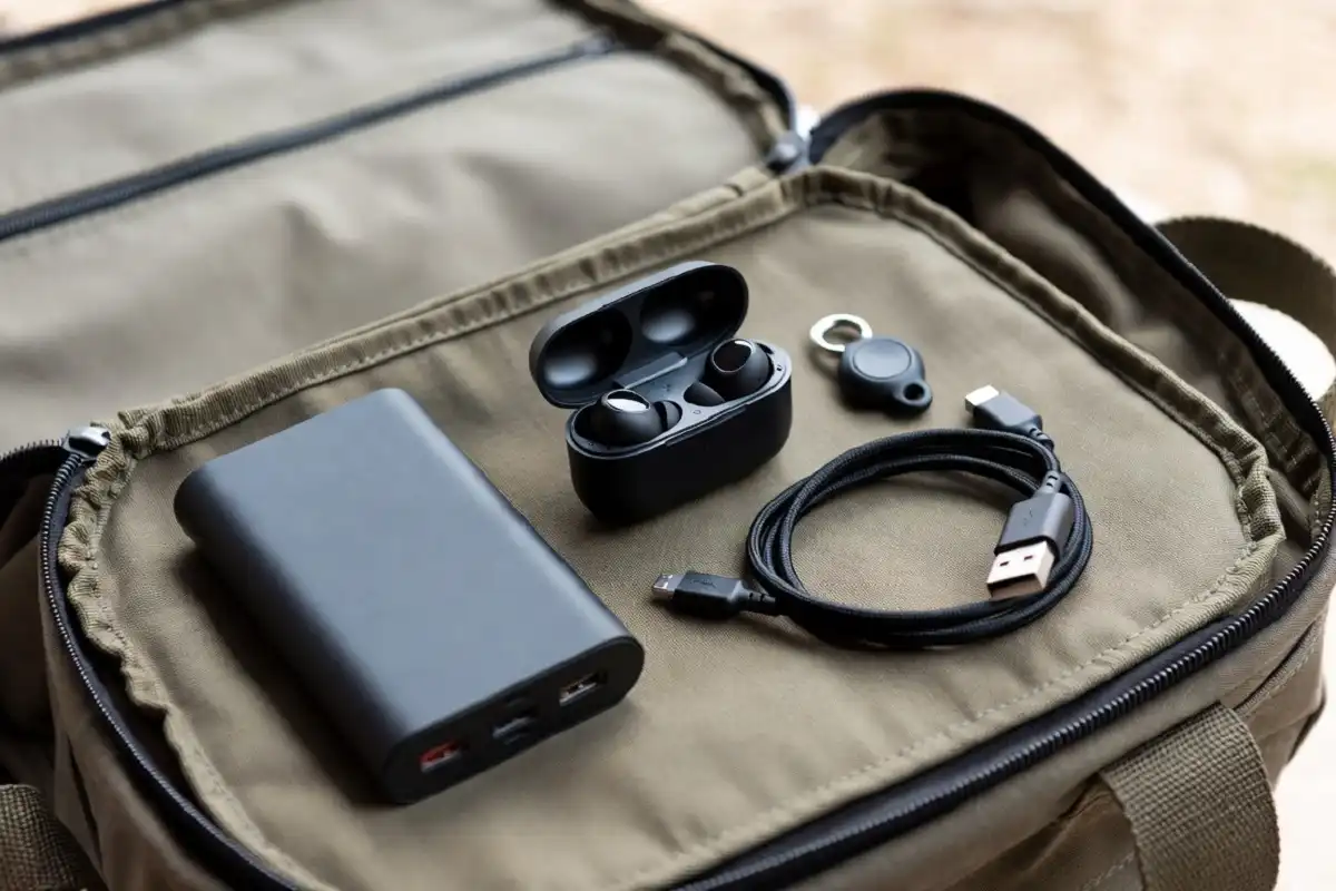 Power bank, earbuds, and a tracker tag laid out on a travel bag