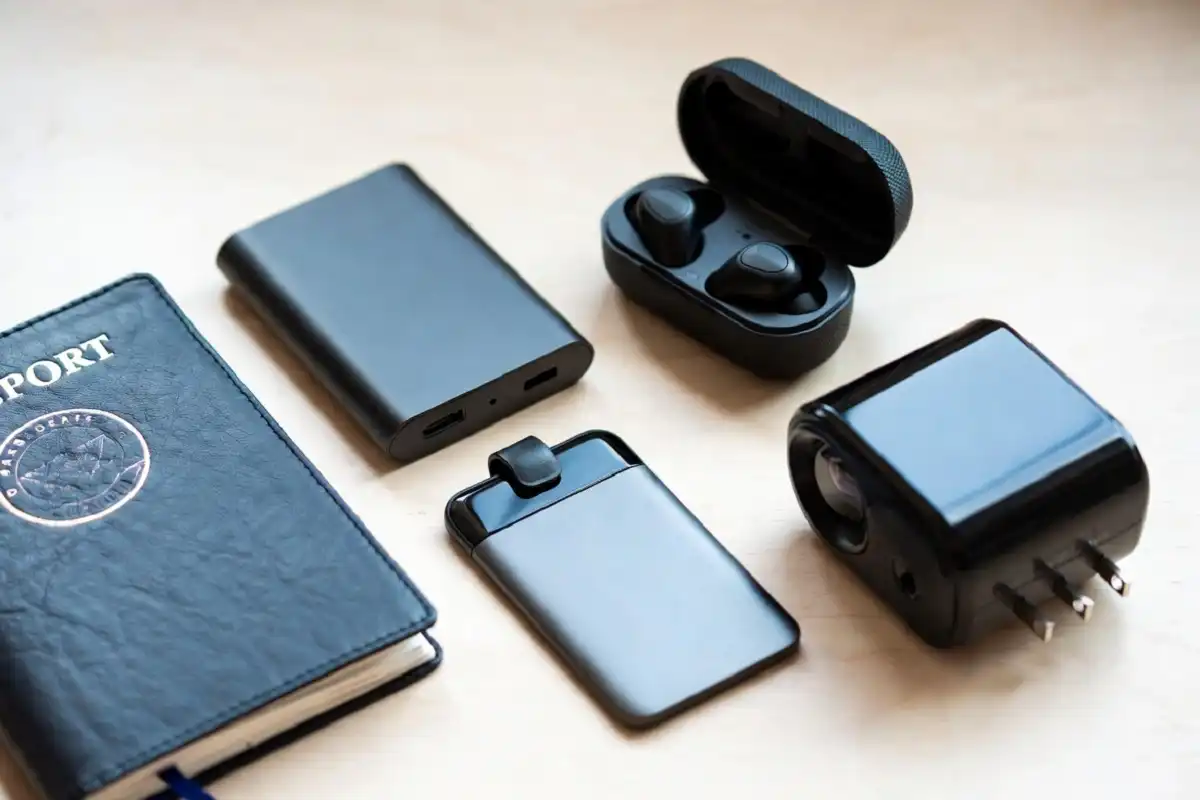 Top travel gadgets flatlay for modern travelers
