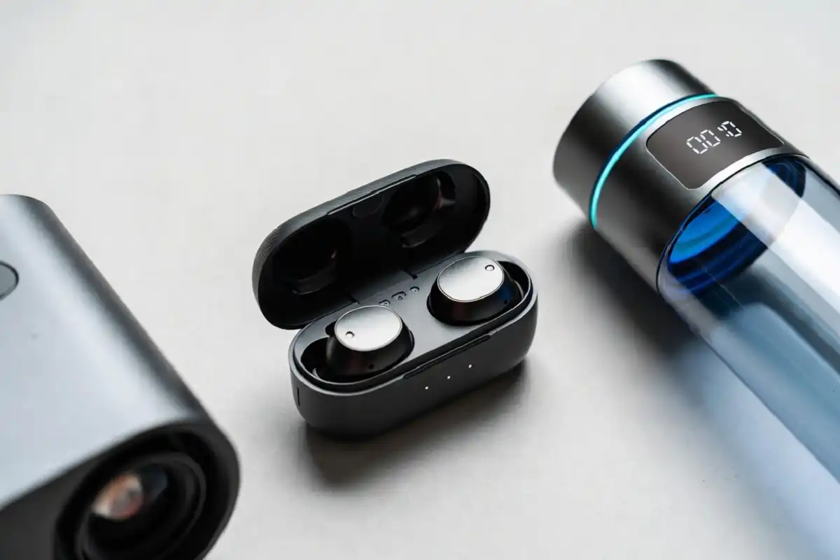 Trending technology gadgets for 2025 including wireless earbuds and a mini projector