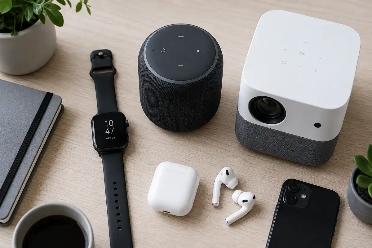 A collection of trendy gadgets including smartwatch, wireless earbuds, and mini projector on a clean desk