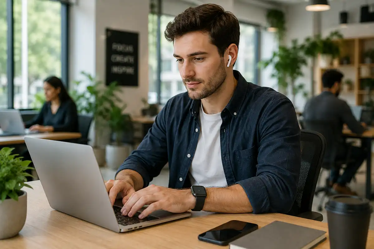 Person wearing a trendy smartwatch and wireless earbuds while working at a laptop