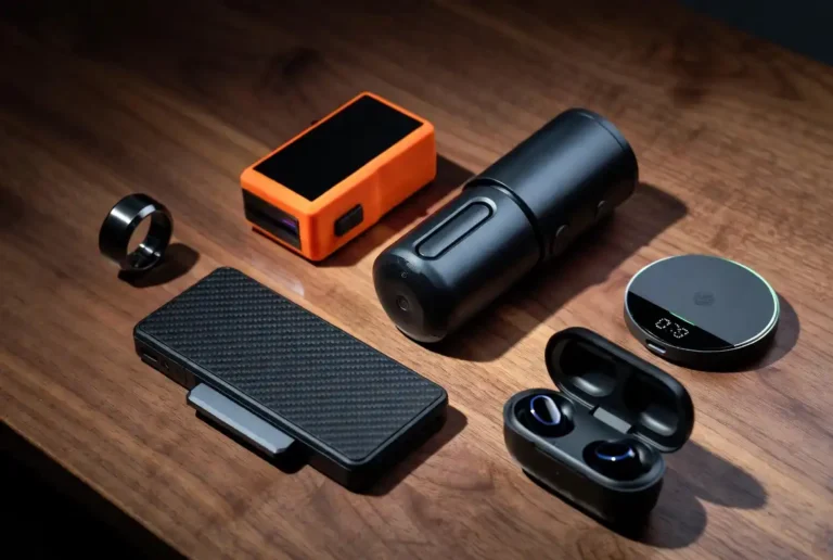 Collection of unique gadgets for men displayed on a dark wooden desk