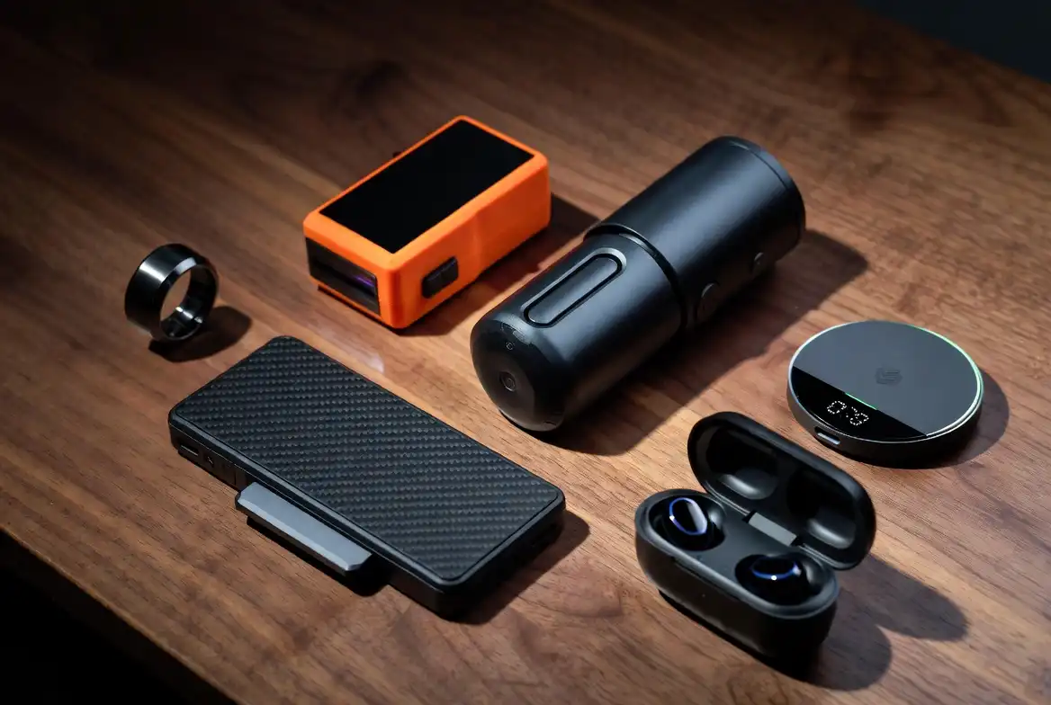 Collection of unique gadgets for men displayed on a dark wooden desk