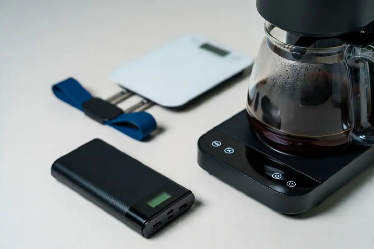 Portable travel gadgets and smart kitchen tools laid out on a surface