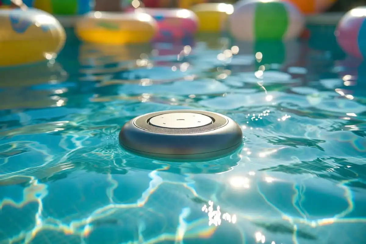 Waterproof Bluetooth speaker floating in a swimming pool