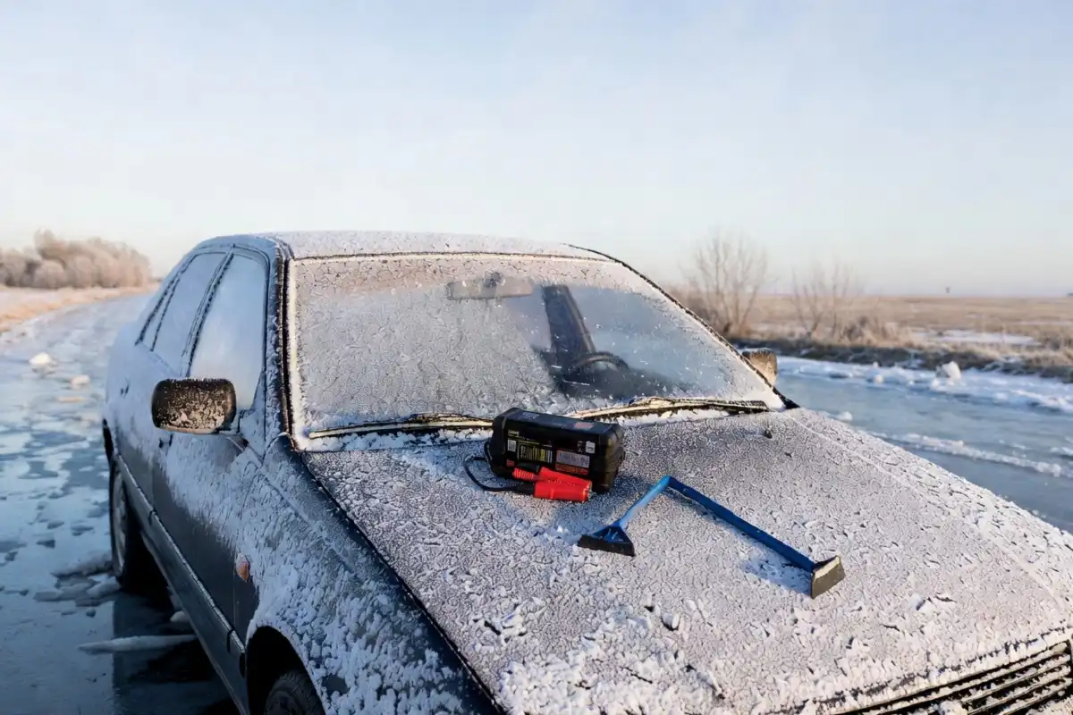 A portable jump starter kit and heated ice scraper placed on a frost-covered car hood on a cold winter morning with an icy road in the background