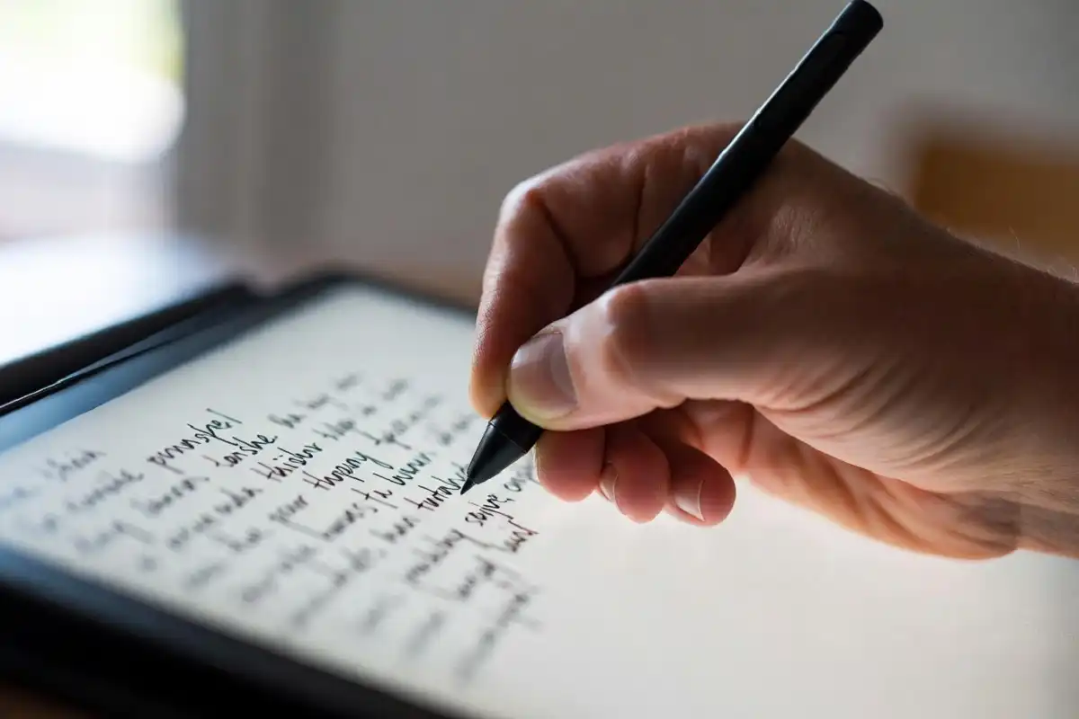 A hand writing notes on an e ink tablet with a stylus pen in natural daylight