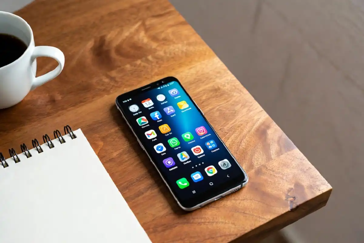 Smartphone showing Android productivity tools apps on a tidy desk