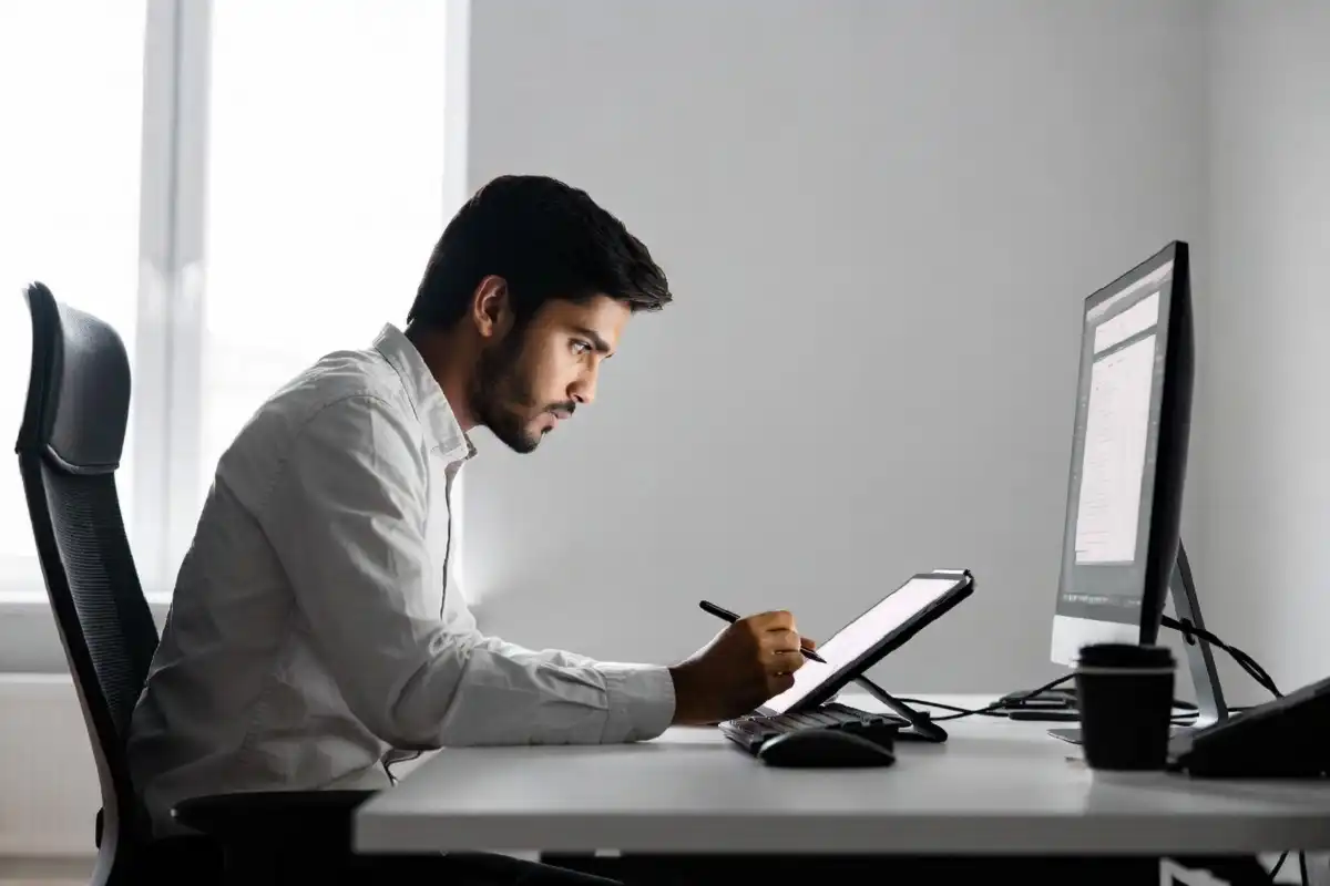 Professional using a writing tablet for handwritten notes in a modern office setup