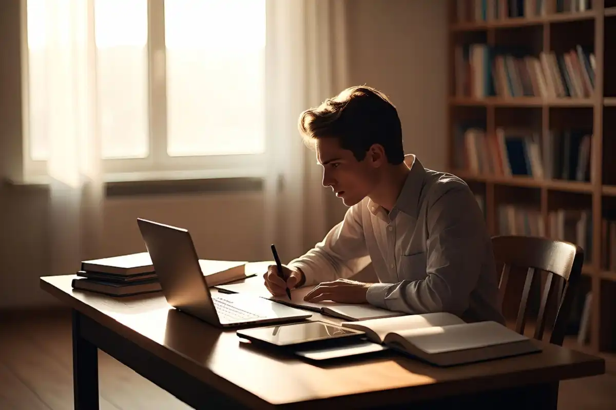 Student writing handwritten notes on a tablet with a stylus at a study desk