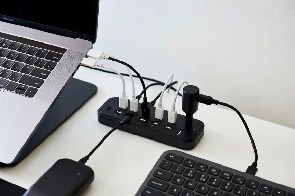 Organized desk with charging station, laptop stand, and cable holders