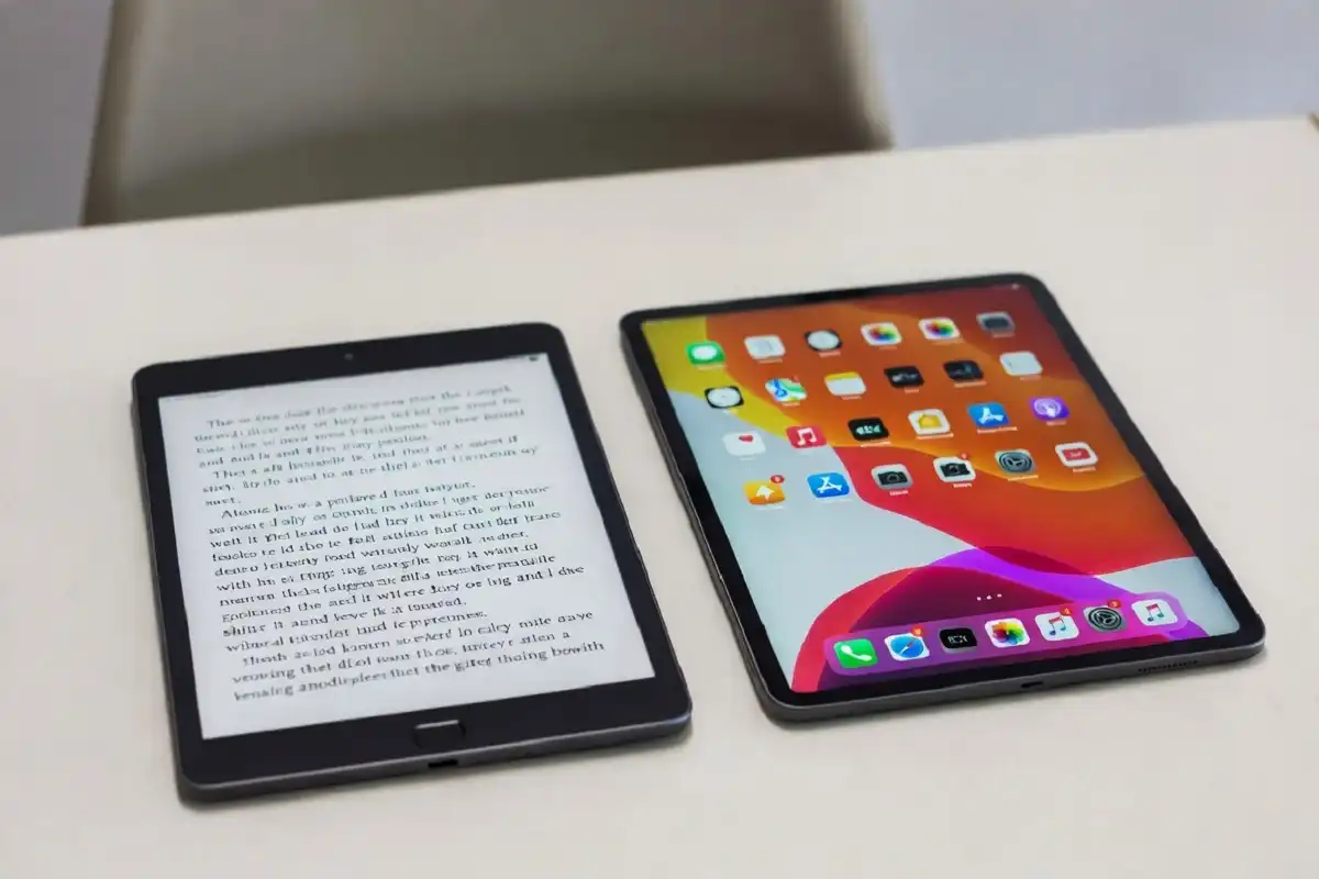 Distraction free e-ink tablet next to a regular color tablet for comparison