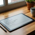 E ink note taking tablet with a stylus on a wooden desk in a calm minimalist workspace