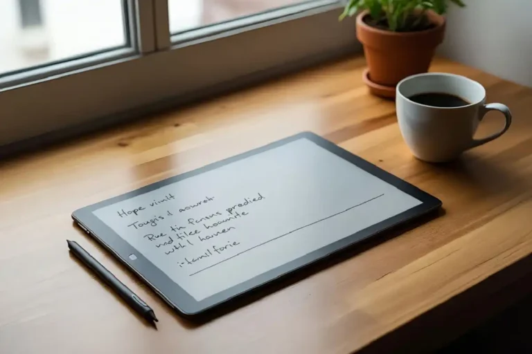 E ink note taking tablet with a stylus on a wooden desk in a calm minimalist workspace