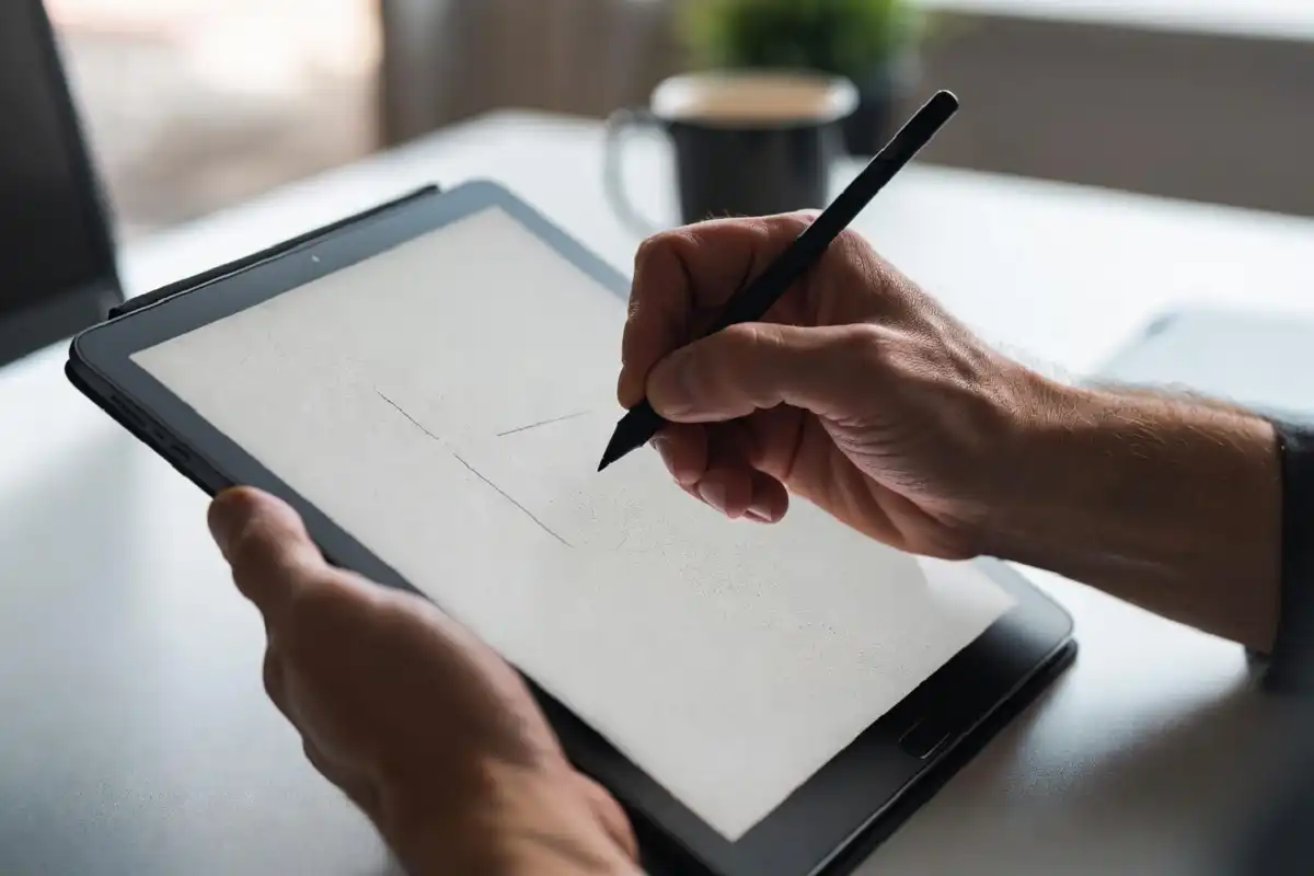 Person writing notes on an e-ink tablet at a quiet workspace