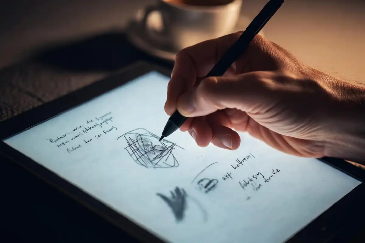 Person writing handwritten notes on an e-ink distraction free tablet