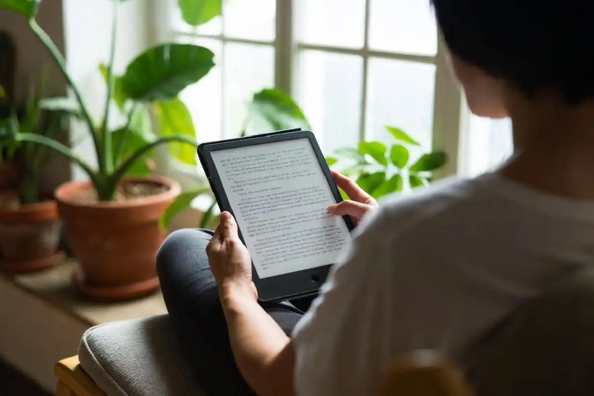 Person reading on a paper-like e-ink tablet in a quiet room without distractions