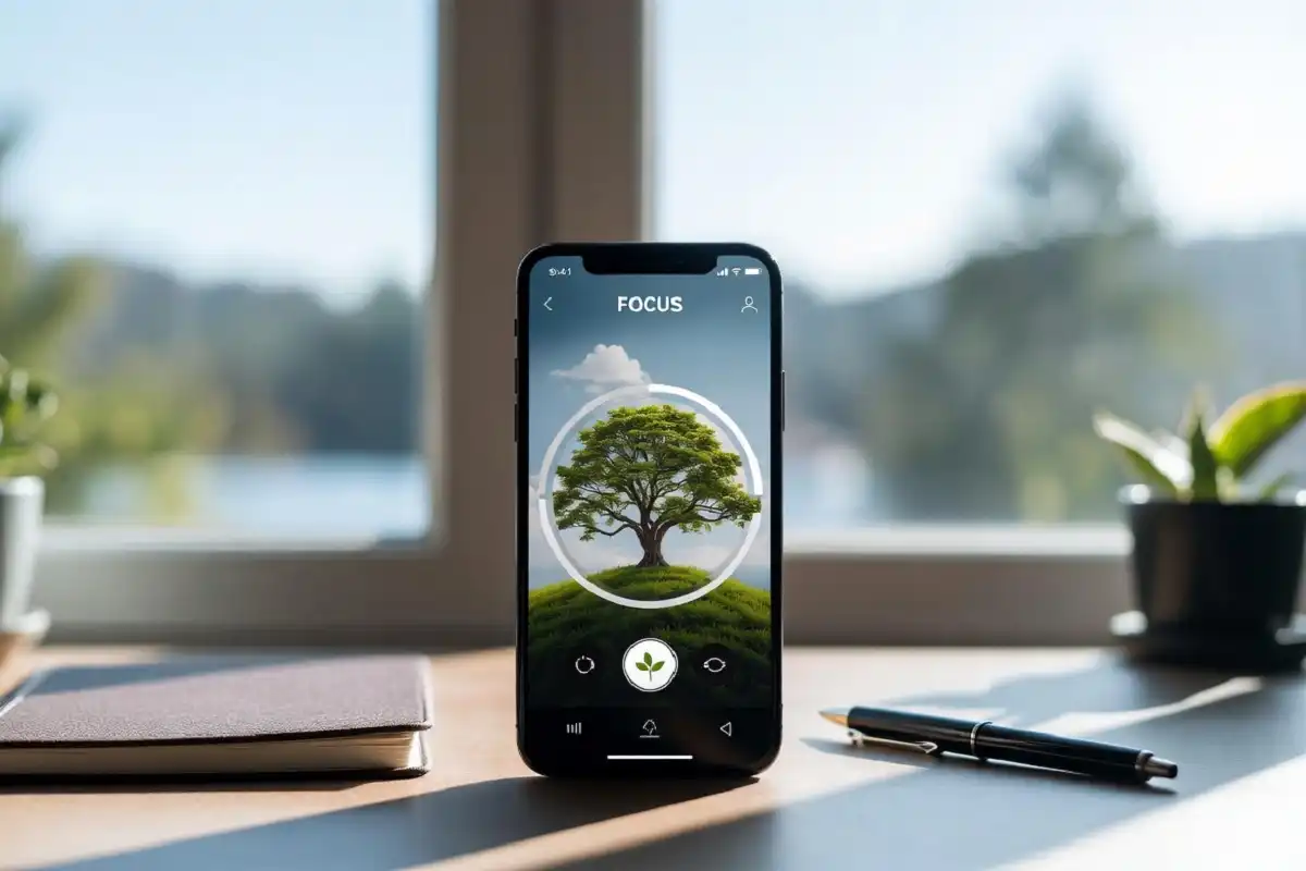 Phone in focus mode next to a notebook for distraction-free work