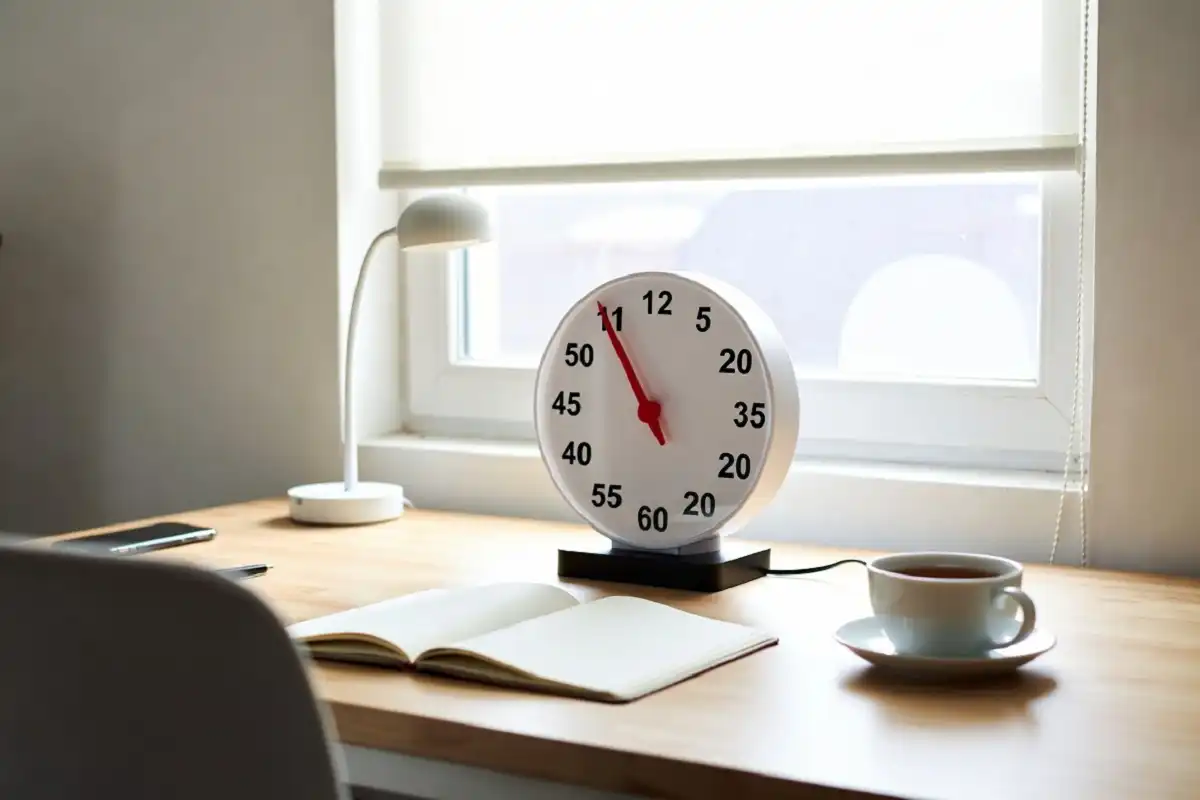 Tidy workspace with a focus timer and notebook supporting a low-screen daily routine