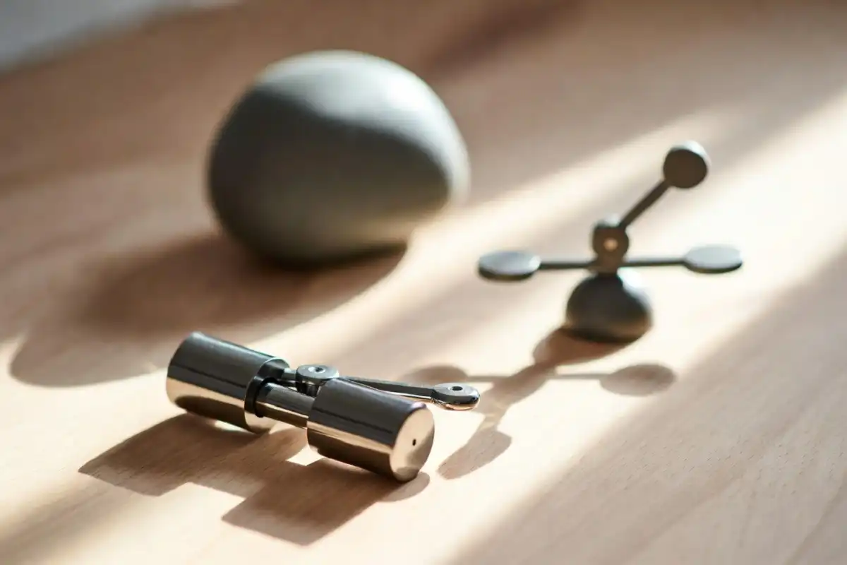 Small fidget tools and kinetic toys arranged on a tidy desk
