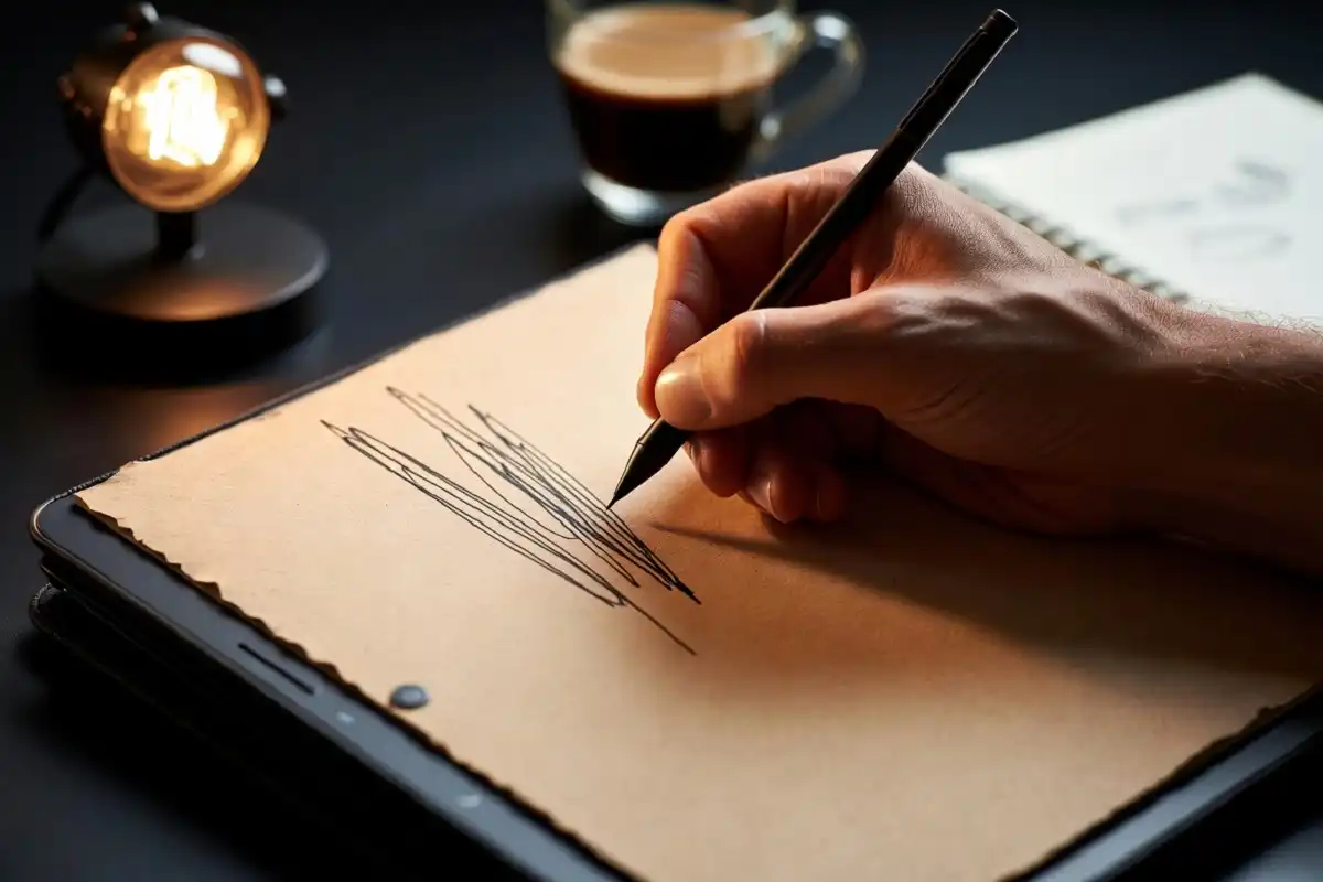 Close-up of a hand writing on a reMarkable 2 tablet with a stylus on paper-like screen
