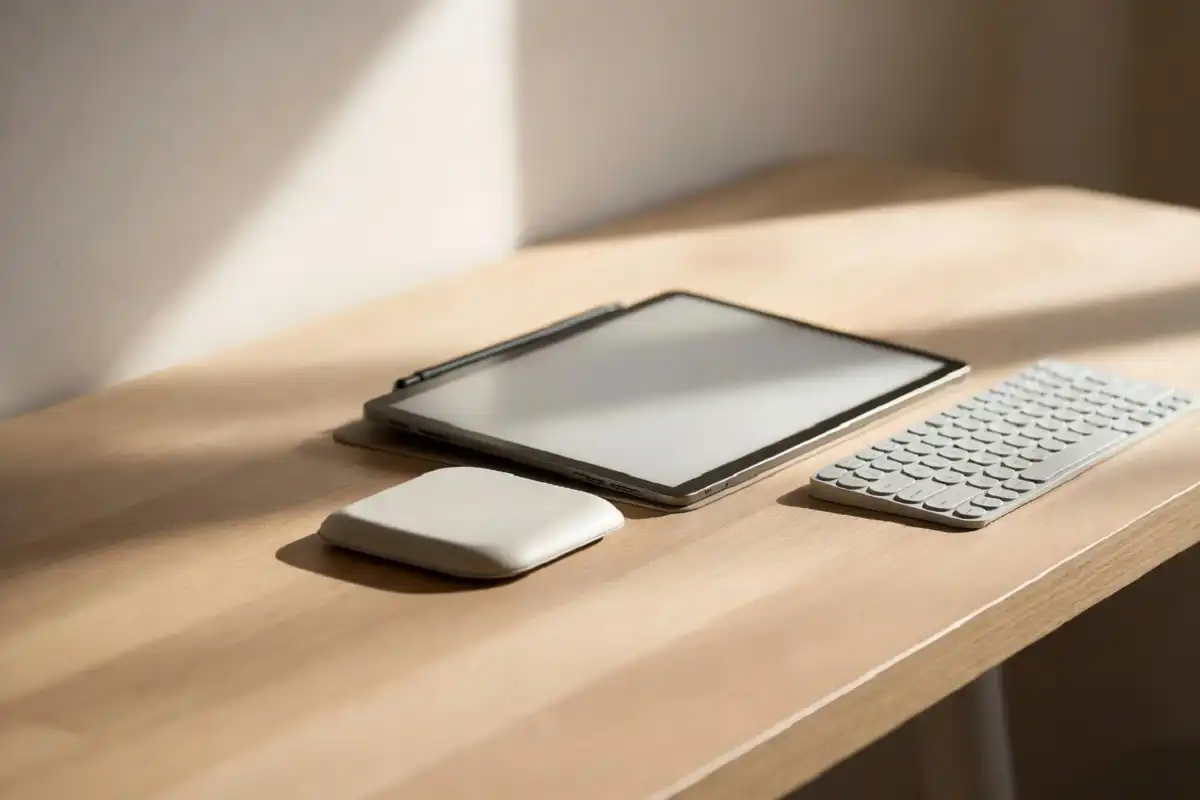 Clean desk setup with minimalist tech gadgets and few cables