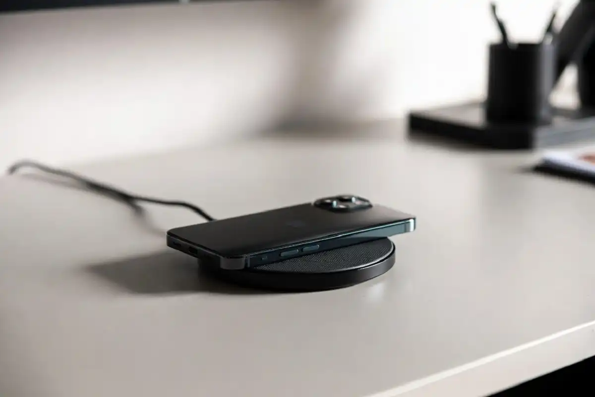 Compact wireless charger on a tidy desk with no tangled cables
