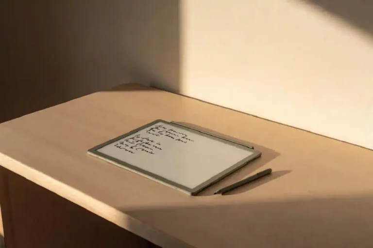 Person writing notes on a paper feel writing tablet at a clean wooden desk