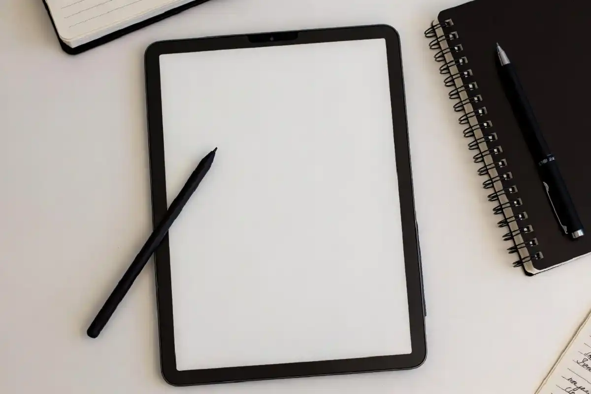 Flat lay of an e-ink tablet, stylus, and simple study essentials