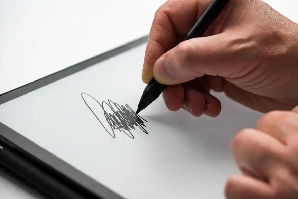Hands taking handwritten notes on a matte e-ink tablet screen