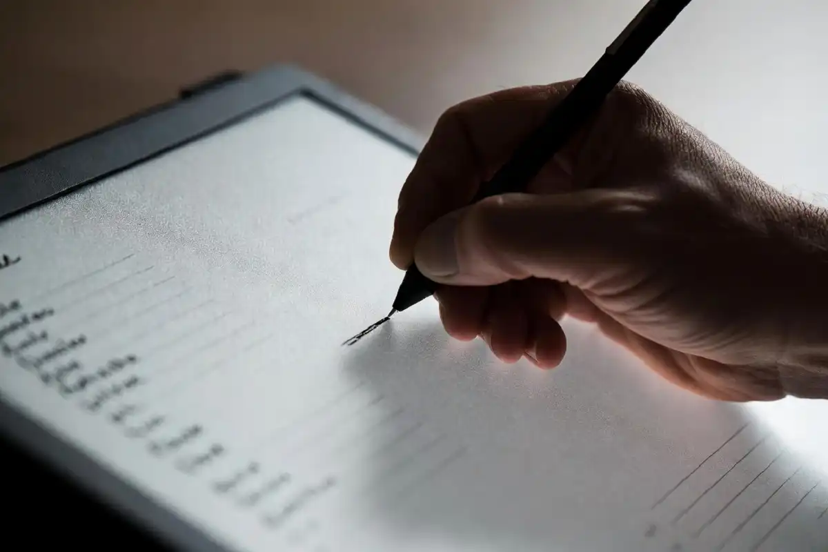Hand writing handwritten notes on an e ink tablet with a stylus on a textured paper like screen