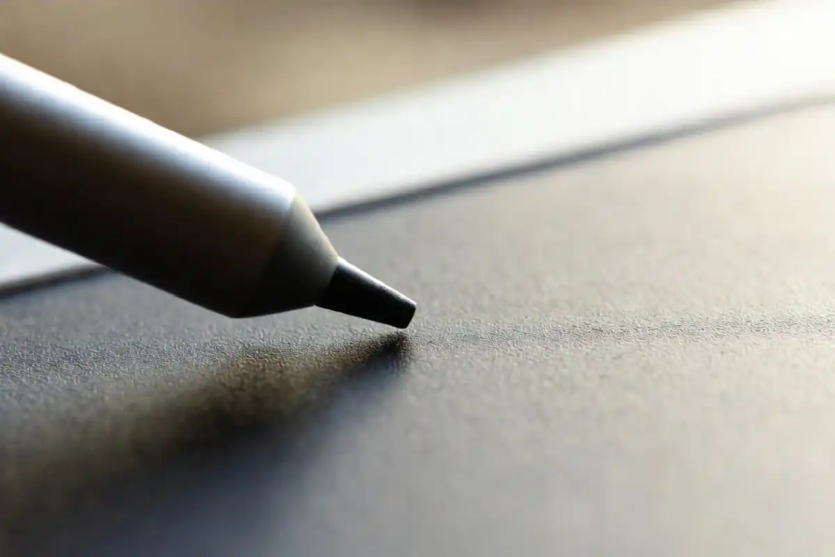 Close-up of a stylus pressing on the matte textured screen of a writing tablet