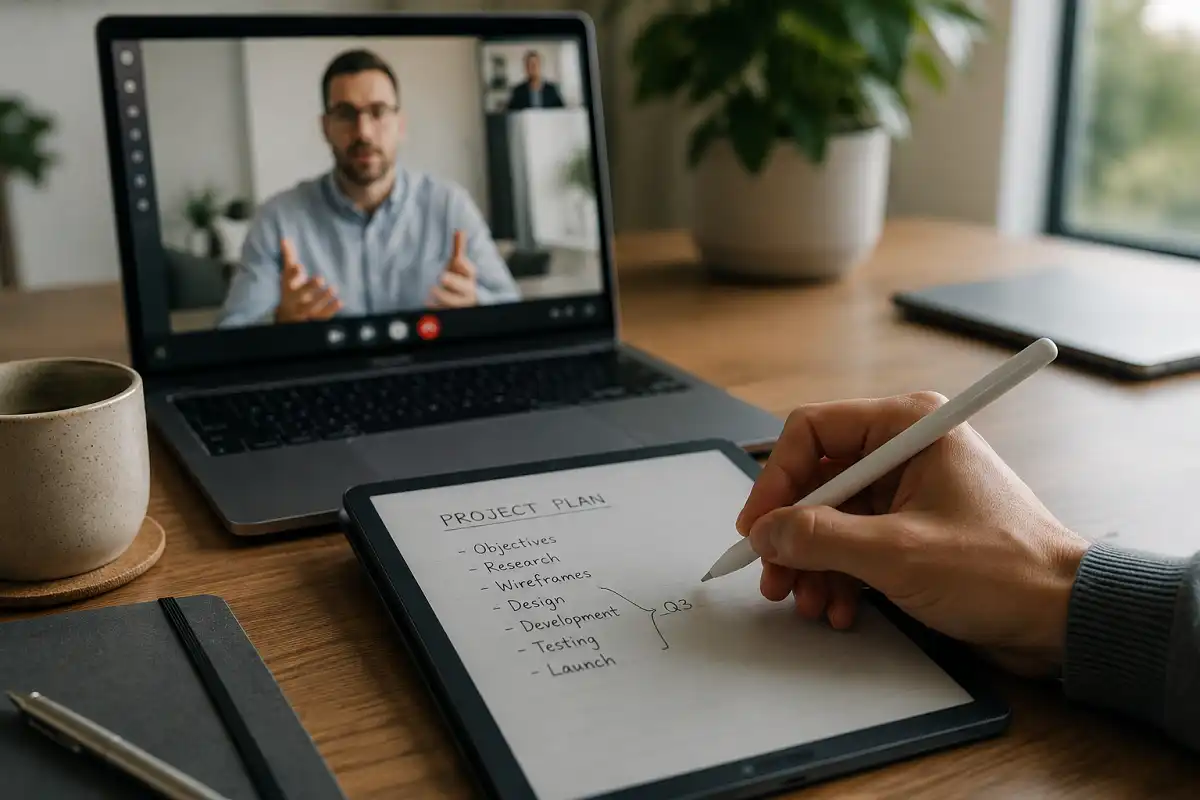 Digital notebook used for handwritten notes during freelance client meetings