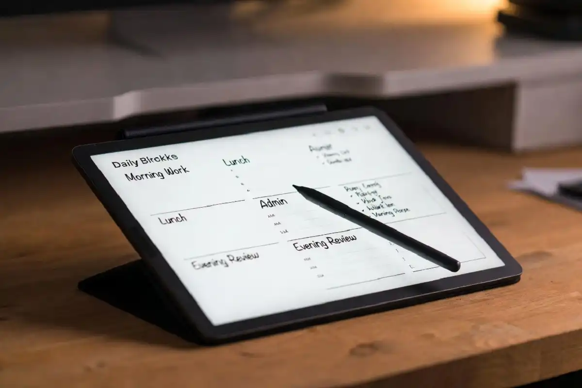 E Ink paper tablet displaying a handwritten time blocking daily schedule on a clean desk
