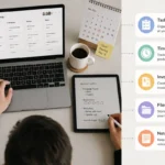 Productivity tools for freelancers shown on a desk with laptop, tablet, and planner