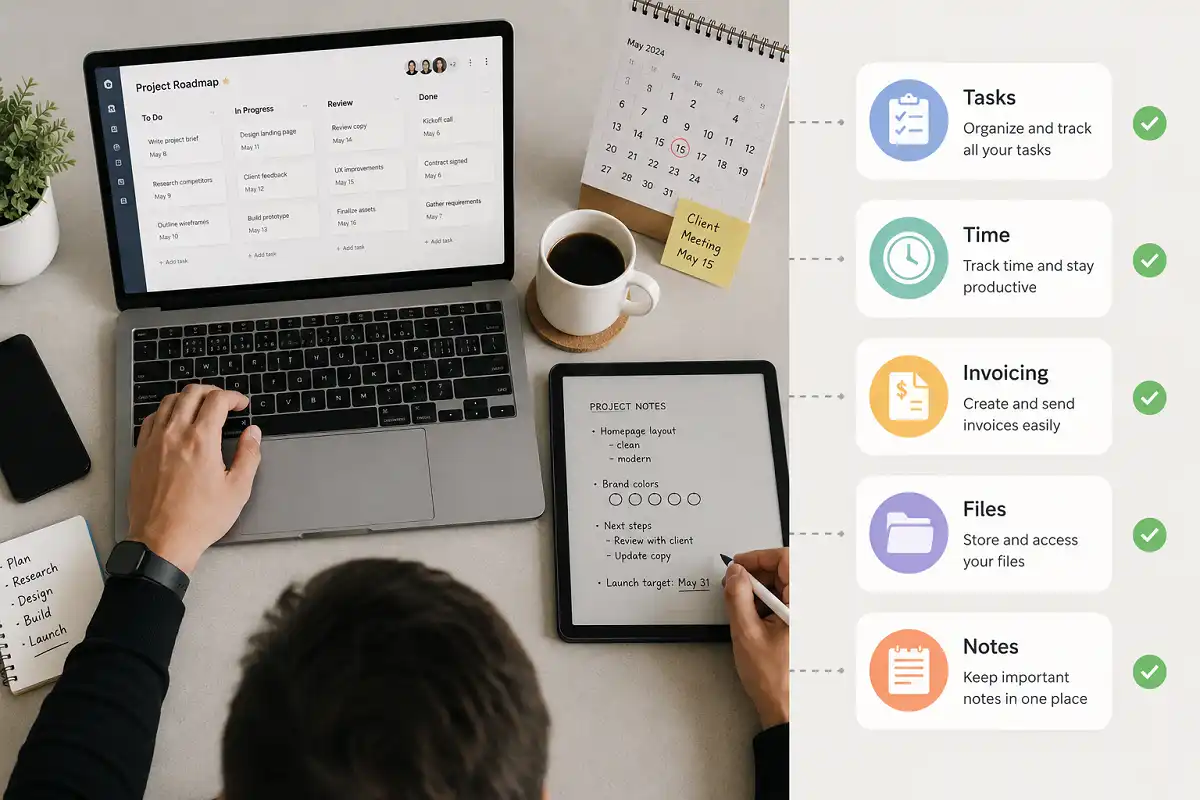 Productivity tools for freelancers shown on a desk with laptop, tablet, and planner
