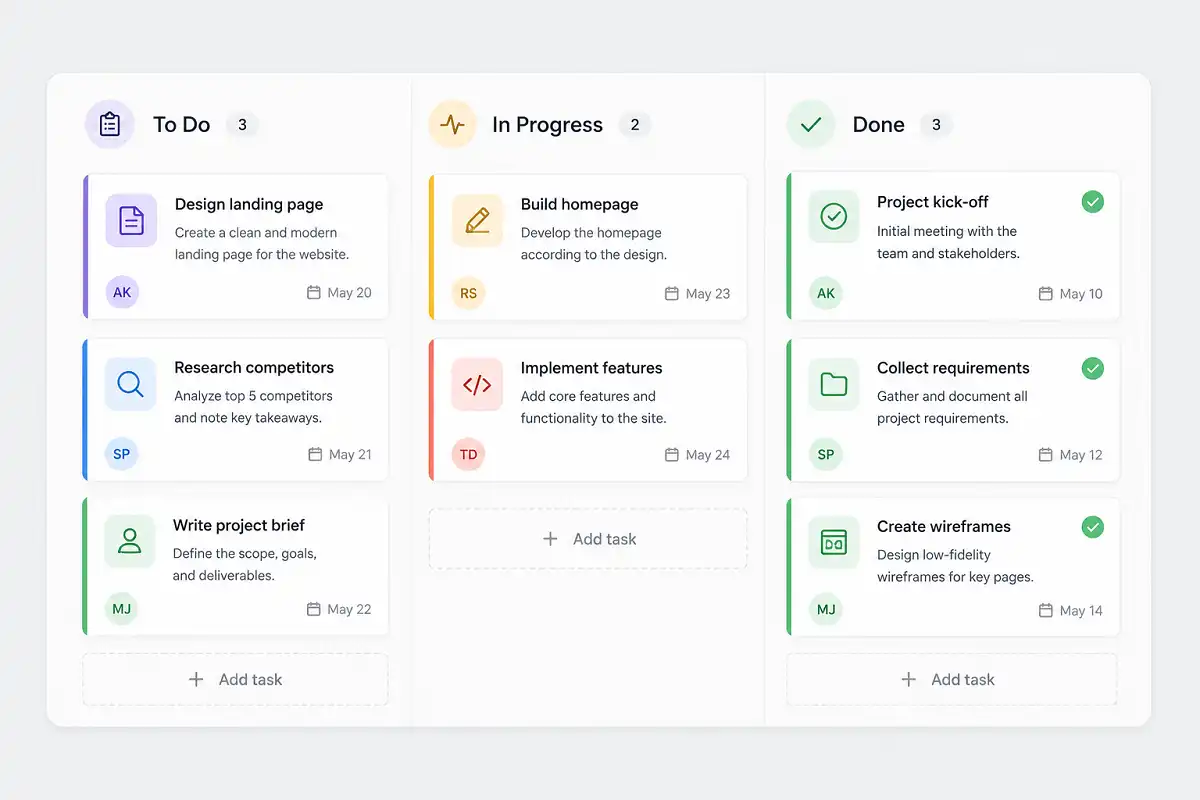 Task management board used as a productivity tool for freelancers