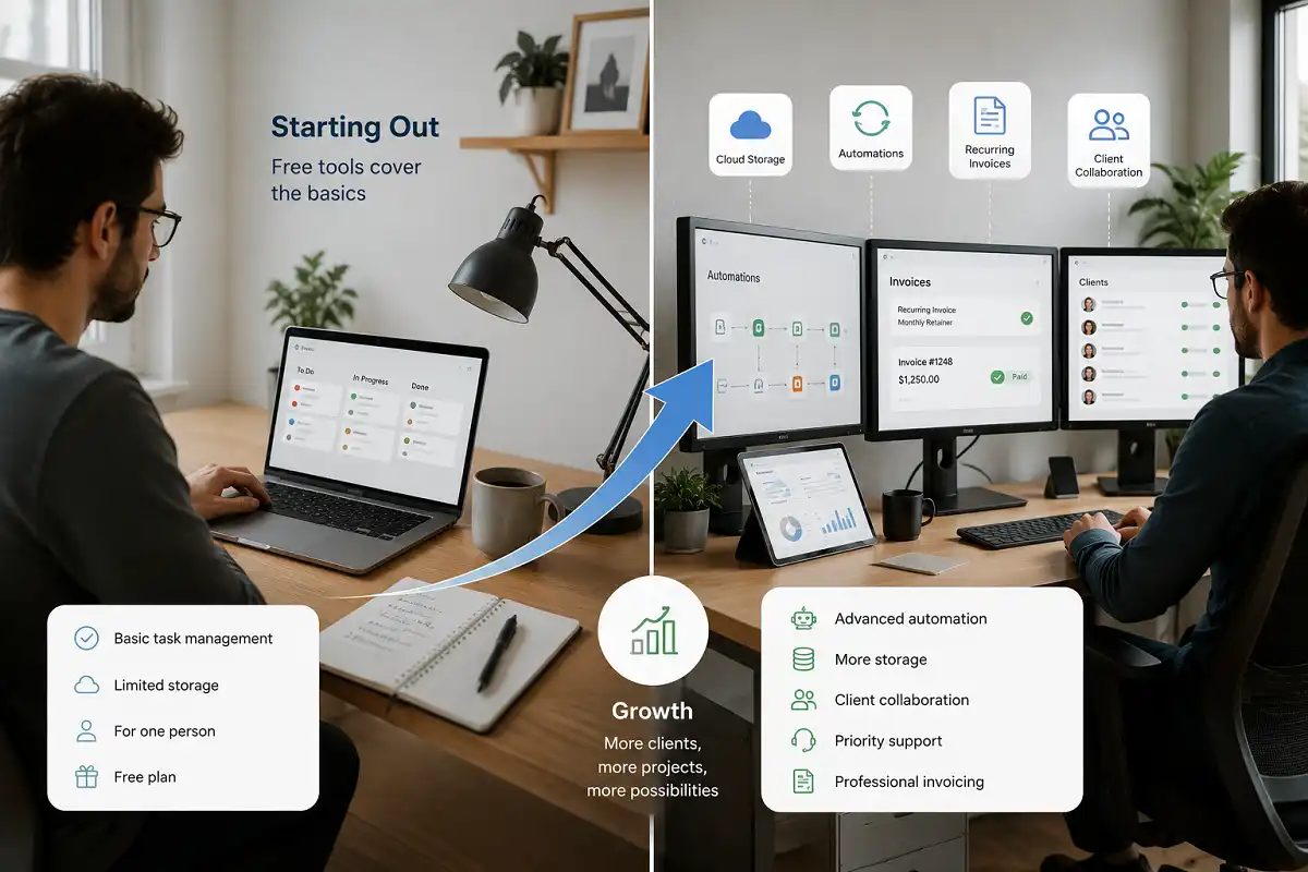 Photorealistic comparison of a beginner freelancer using free productivity tools and a growing freelancer using advanced workflow automation, invoicing, cloud storage, and client management features in a modern office.