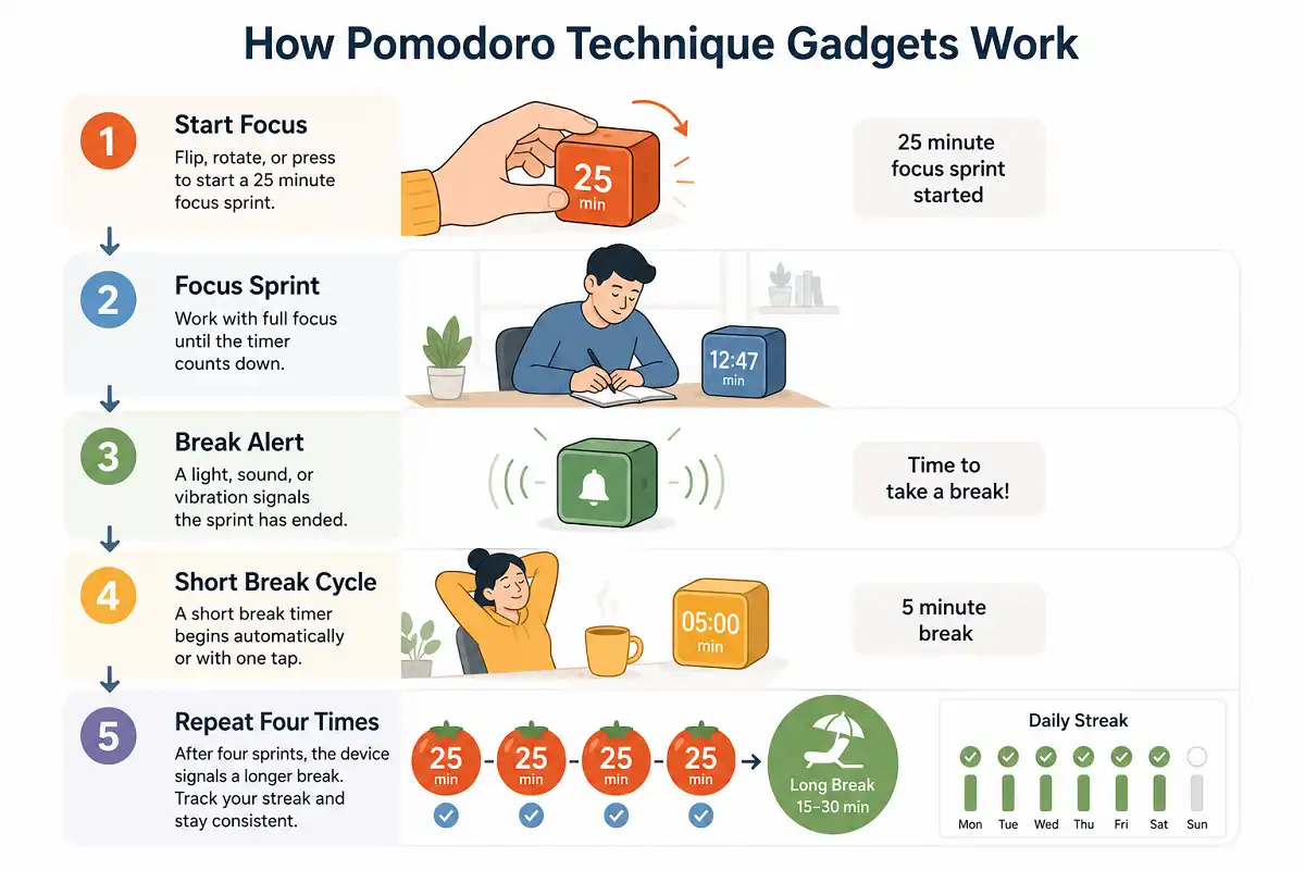 A clean infographic explaining how Pomodoro technique gadgets work, showing a timer starting a 25 minute focus session, signaling a break, repeating four focus cycles, and tracking completed productivity streaks.