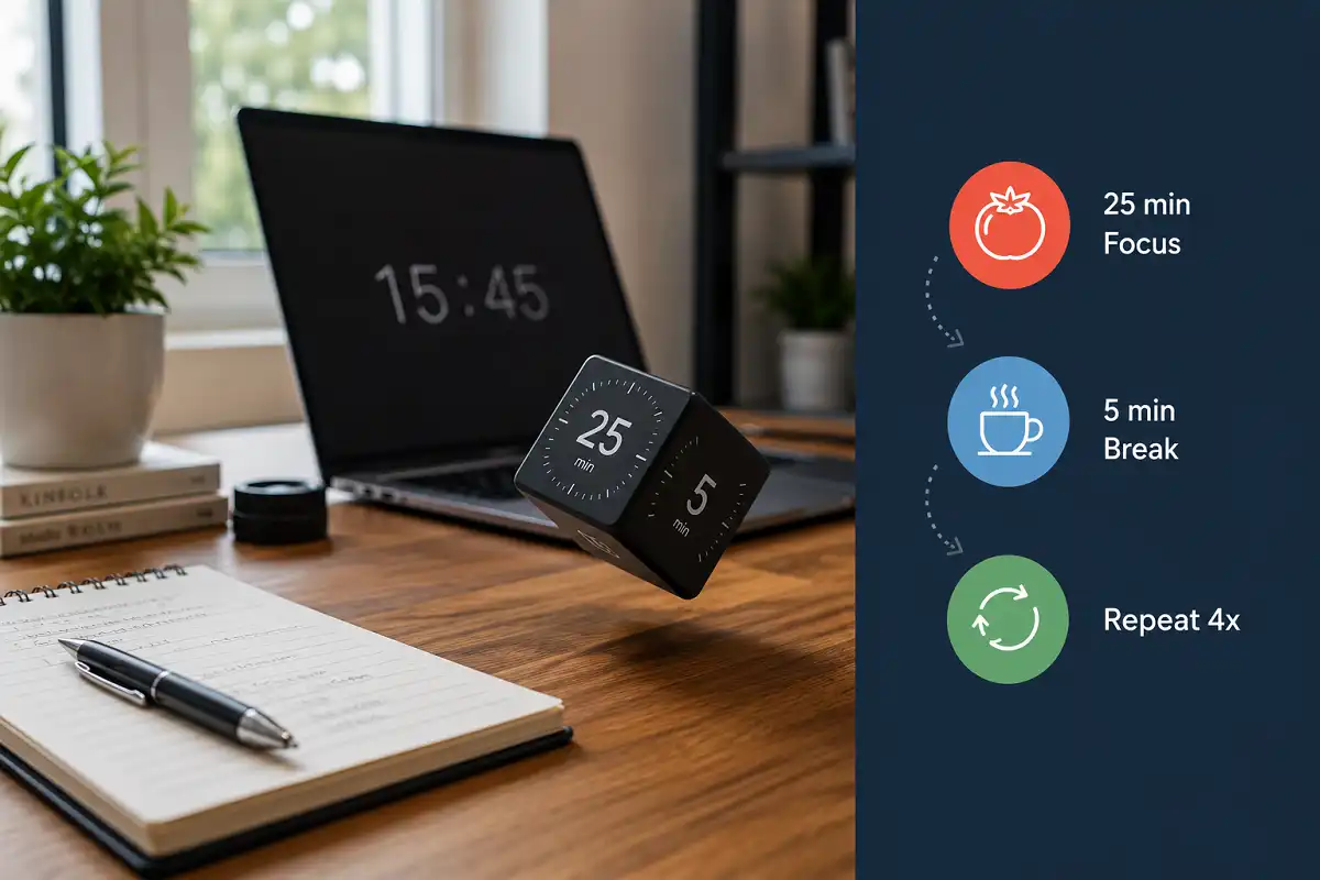 pomodoro technique gadgets shown with a 25 minute focus and 5 minute break cycle infographic