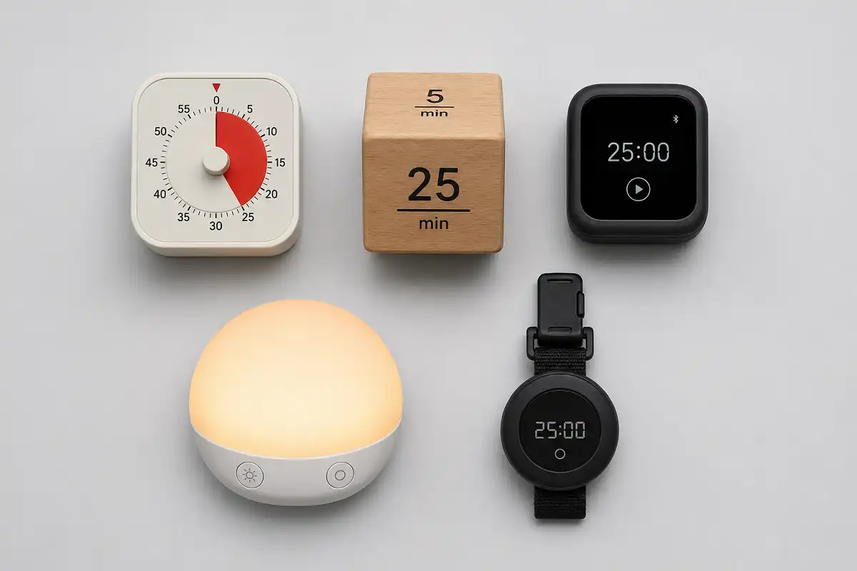 five types of pomodoro technique gadgets including timers, cubes, and focus lights compared