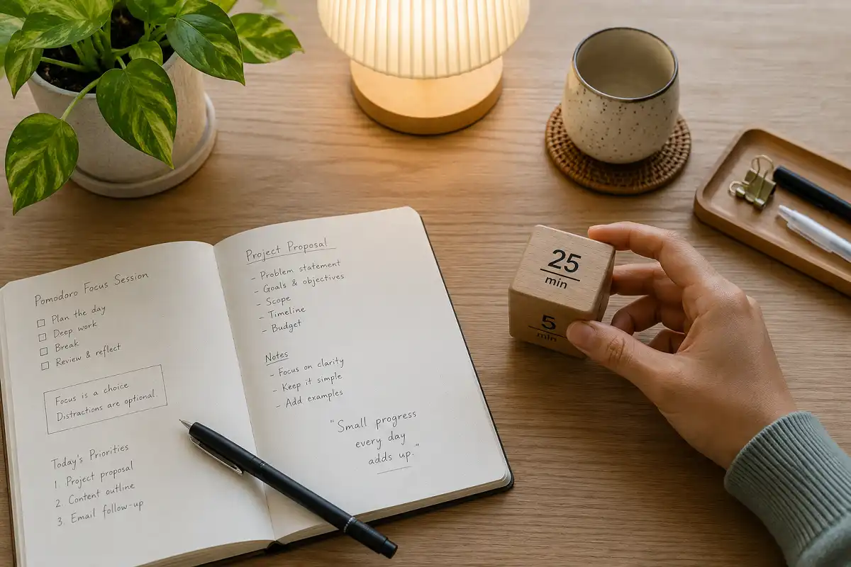 person using a pomodoro technique gadget while working at a minimalist desk