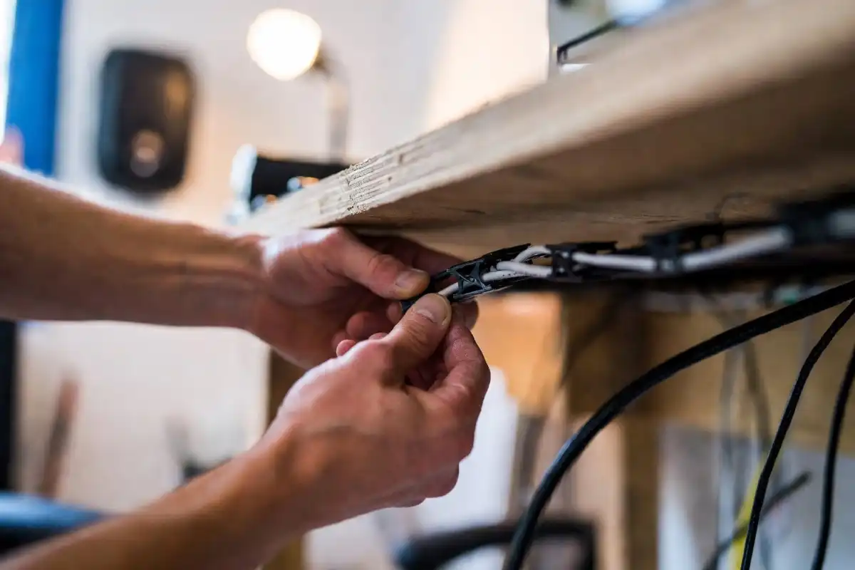 Hands attaching a cable clip while setting up desk cable management