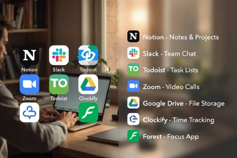 Best productivity apps for remote work displayed on a laptop screen in a home office
