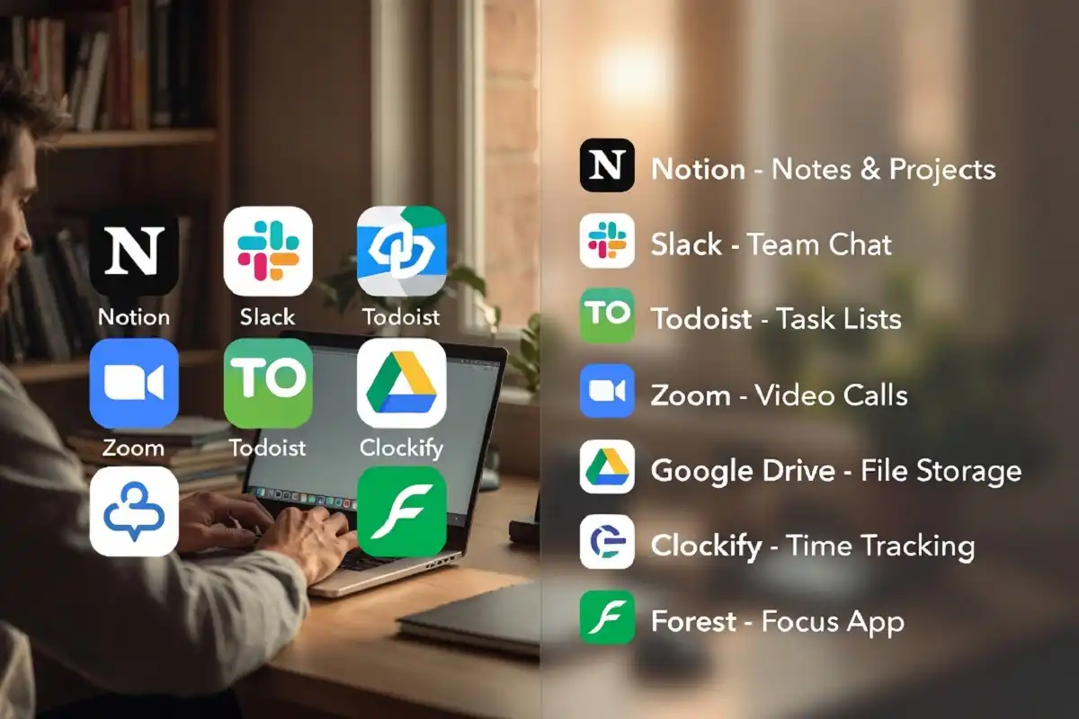 Best productivity apps for remote work displayed on a laptop screen in a home office