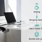 Cable management desk setup guide showing steps to organize desk cables