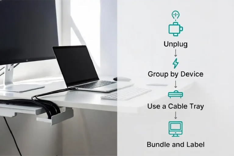 Cable management desk setup guide showing steps to organize desk cables