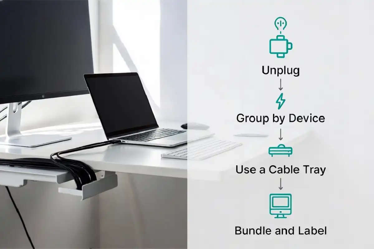 Cable management desk setup guide showing steps to organize desk cables