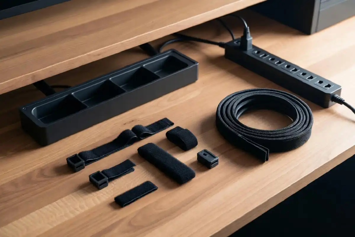 Cable management tools including trays, ties, and sleeves for desk setup